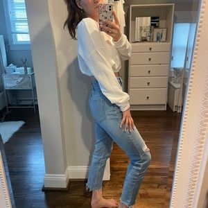 Bershka white cropped light weight rounded v neck sweatshirt - size S